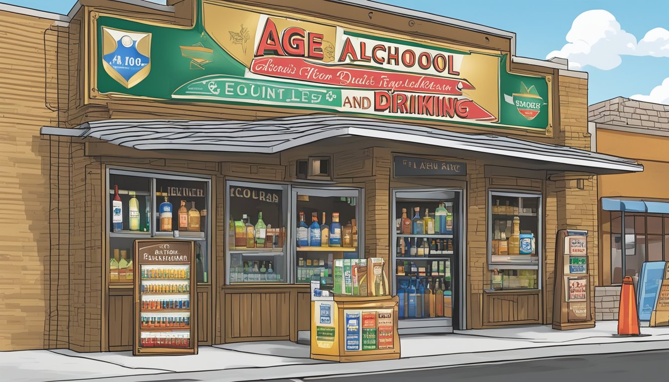 A sign outside a liquor store, with "Age-Related Alcohol Regulations" and "Ector County, Texas Alcohol and Drinking Laws" displayed prominently