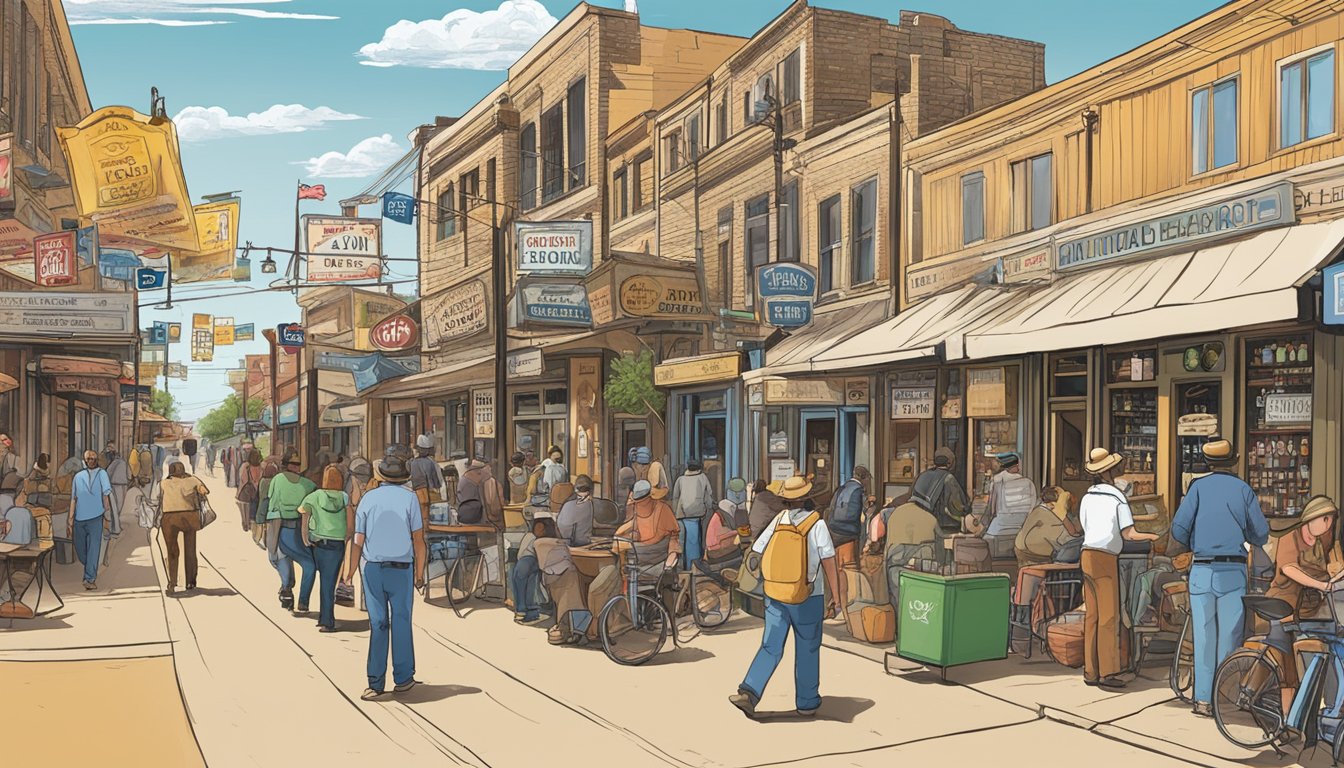 A bustling street in Ector County, Texas, with various alcohol-related signs and storefronts, showcasing the regional policy variations on alcohol and drinking laws