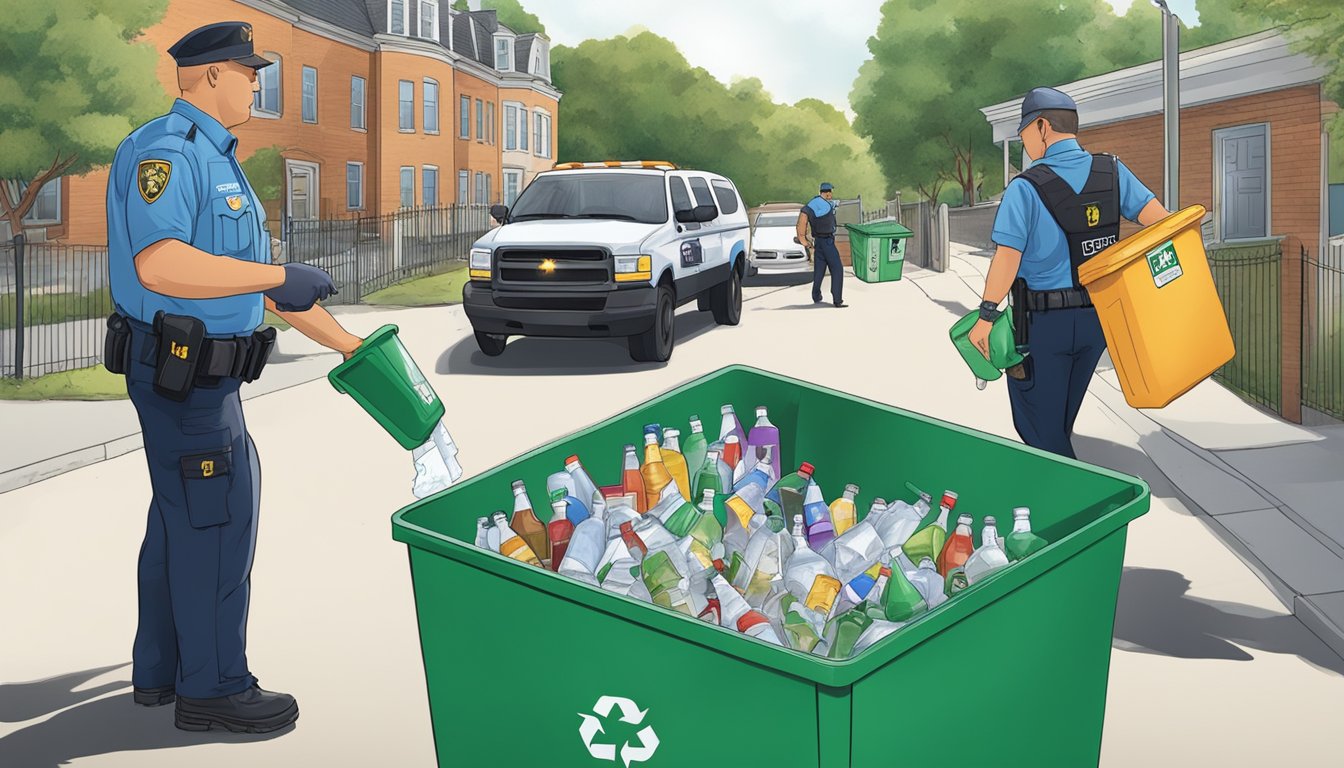 A group of people disposing of empty alcohol containers in a designated recycling bin, while a law enforcement officer patrols the area