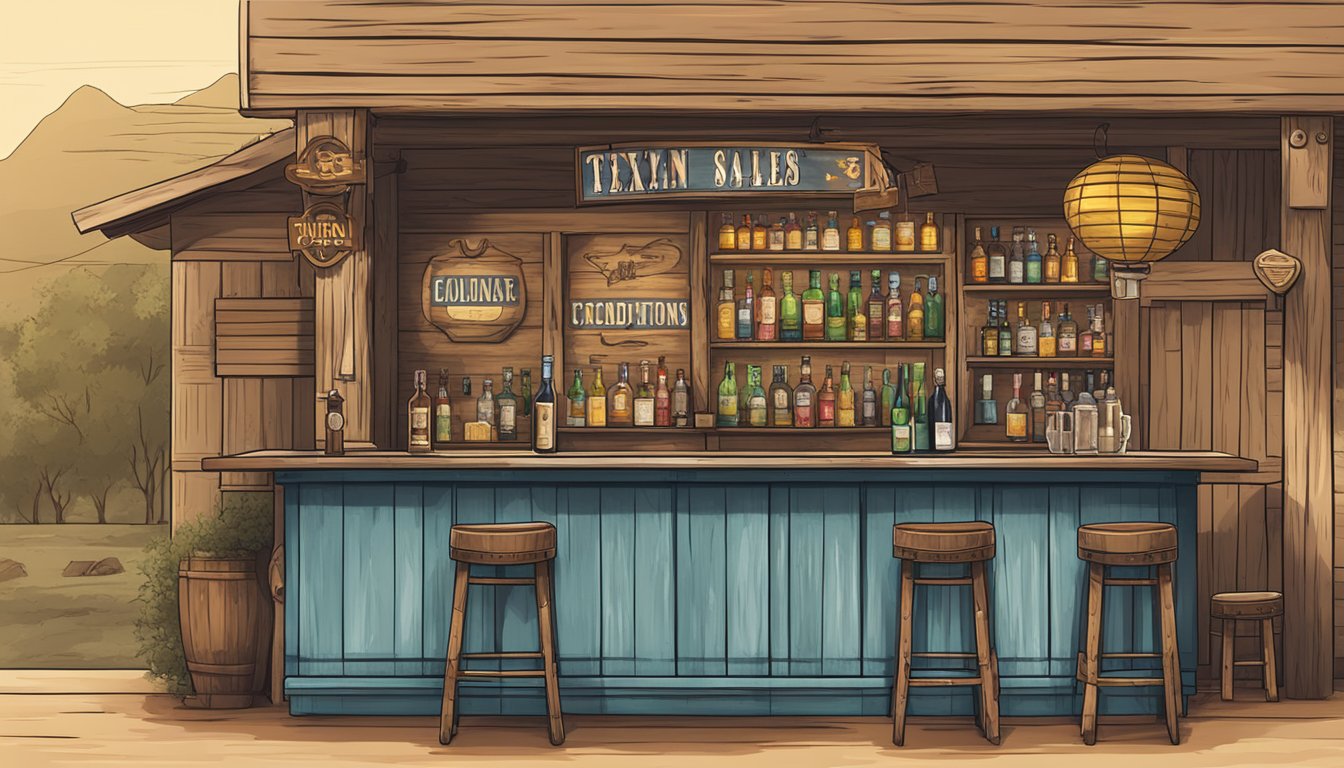 A rustic Texan bar with a sign displaying special alcohol sales conditions