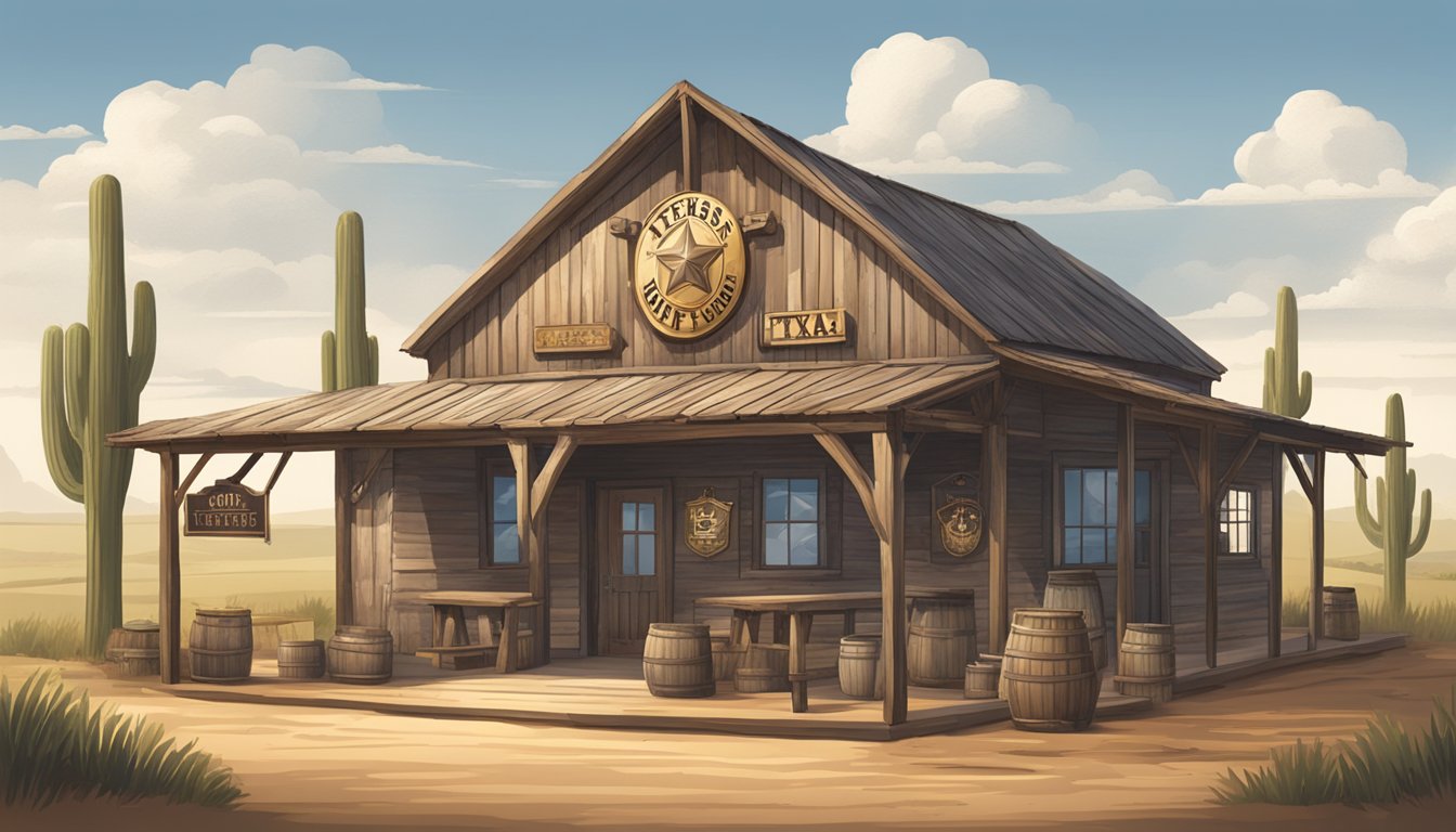 A Texas landscape with a rustic bar sign and a sheriff's badge