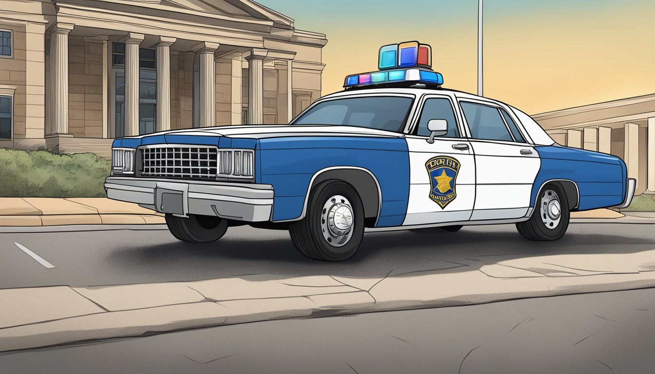 A police car parked outside a courthouse with a sign displaying "Alcohol-Related Offenses and Penalties" in Fayette County, Texas