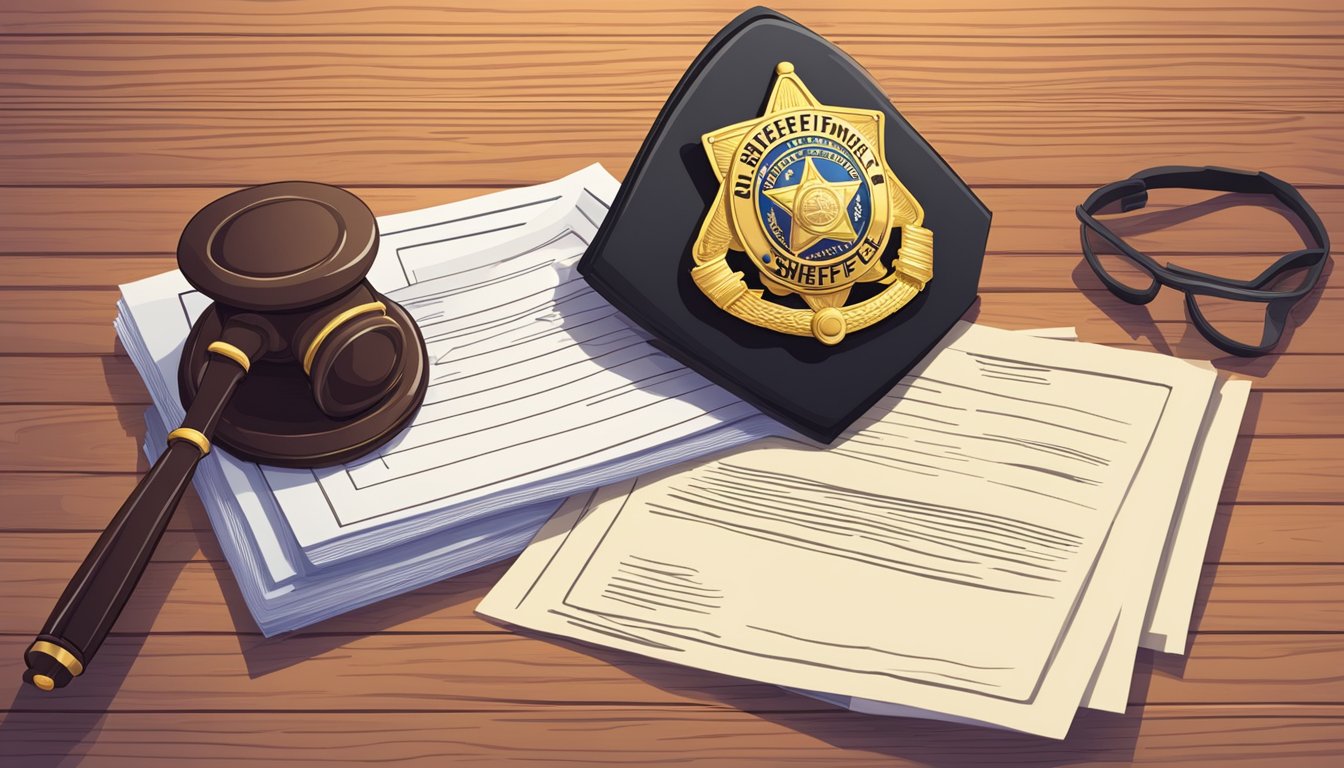 A sheriff's badge and a stack of legal documents on a wooden desk