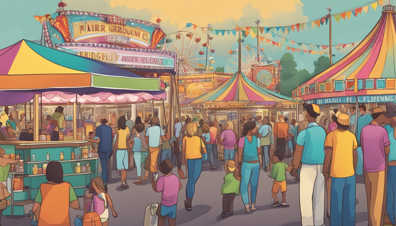 A bustling county fairground with various vendors displaying different types of alcohol permits