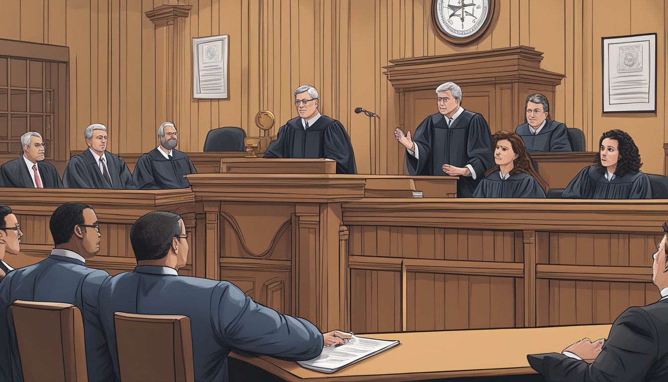 A courtroom scene with a judge presiding over a legal hearing on alcohol and drinking laws in Fayette County, Texas