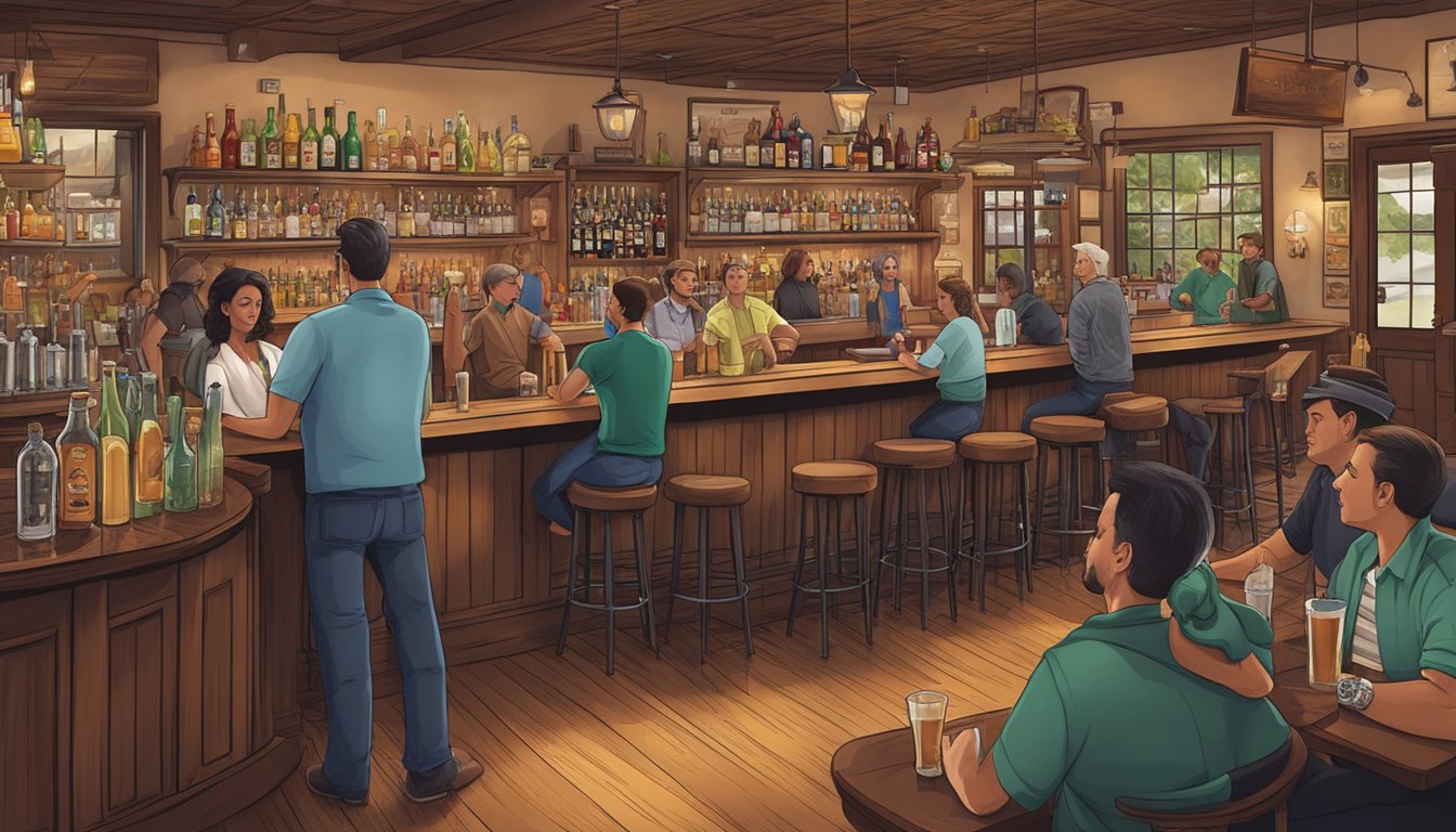 A busy bar with patrons ordering drinks and a bartender serving alcohol in Dawson County, Texas