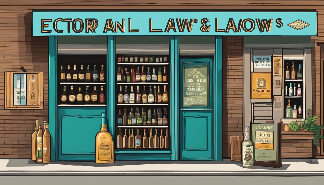 A storefront with various alcoholic beverages displayed and a sign indicating "Ector County Texas Alcohol and Drinking Laws."