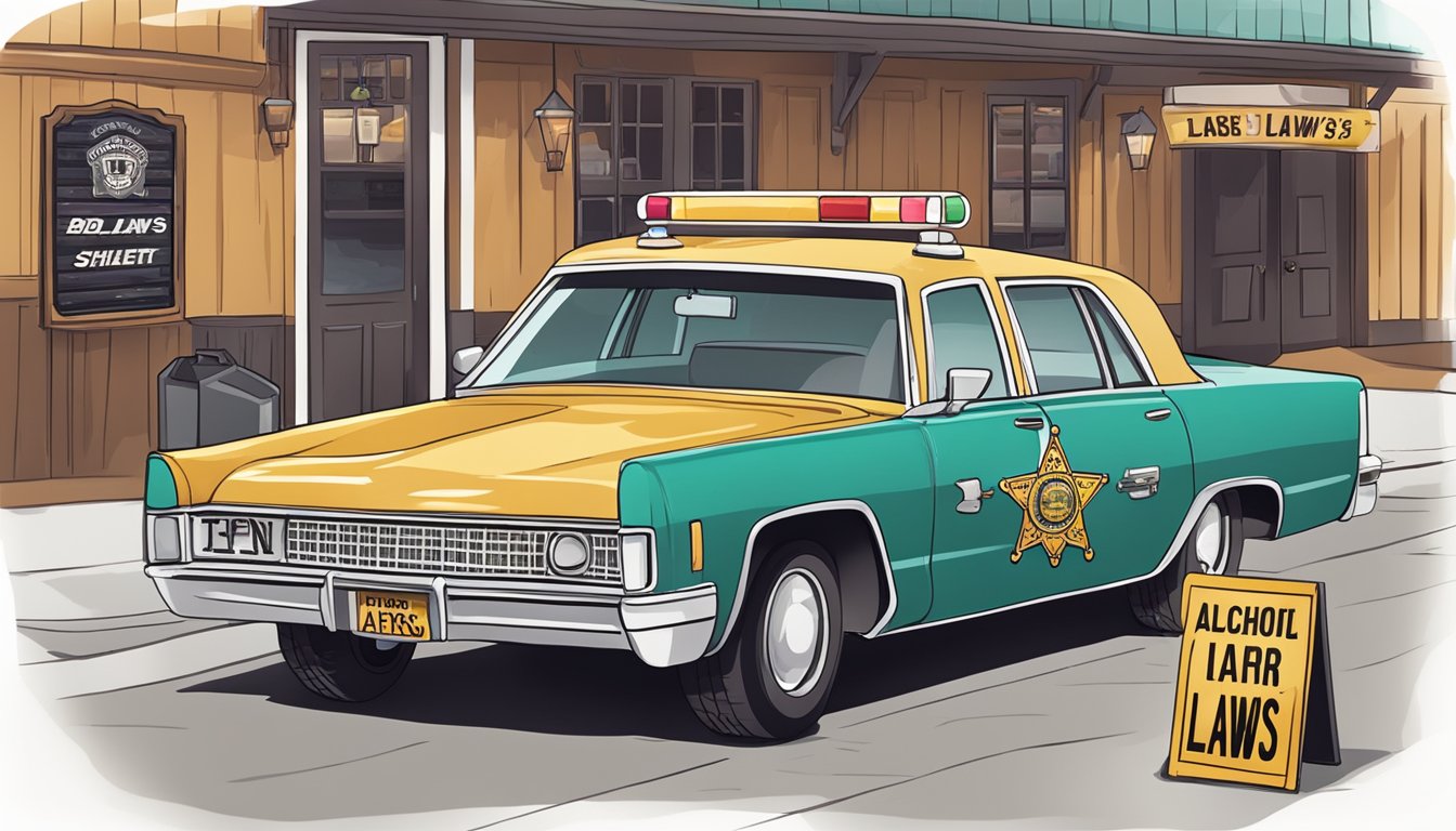 A sheriff's car parked outside a bar, with a sign displaying alcohol laws