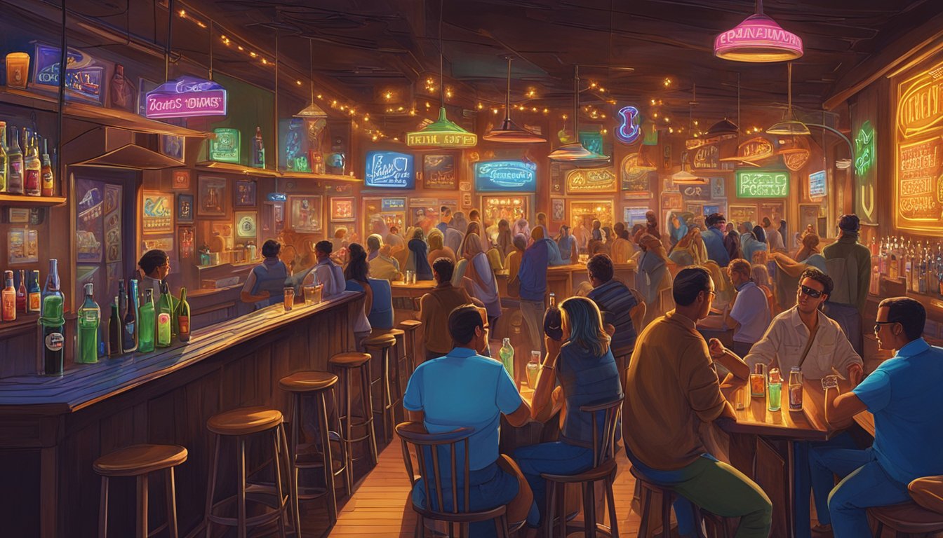 A bustling bar in Donley County, Texas, with patrons enjoying drinks under the glow of neon signs and the clinking of glasses