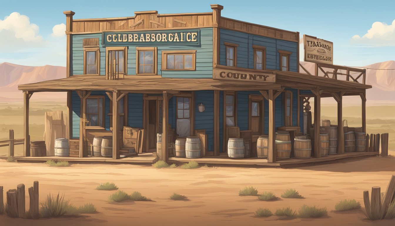 A dusty western town with a saloon and a sign displaying "Texas Alcoholic Beverage Code - Culberson County" prominently