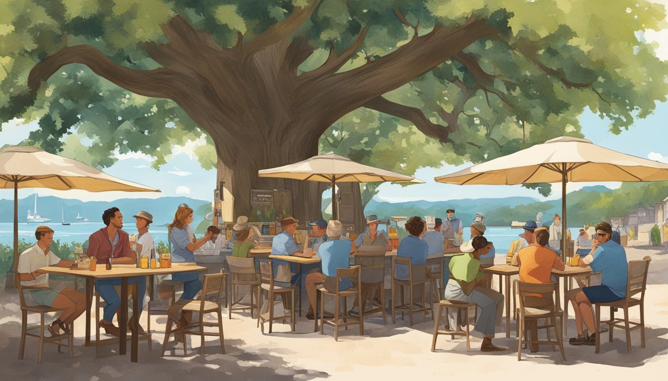 A group of people sitting at outdoor tables, enjoying drinks under the shade of a large oak tree, while a bartender serves drinks from behind the bar