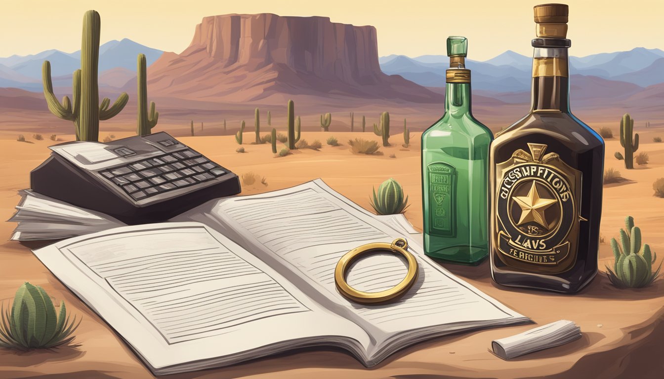 A desert landscape with a sheriff's badge and a bottle of alcohol, surrounded by legal documents and a sign indicating "Consumption Laws."