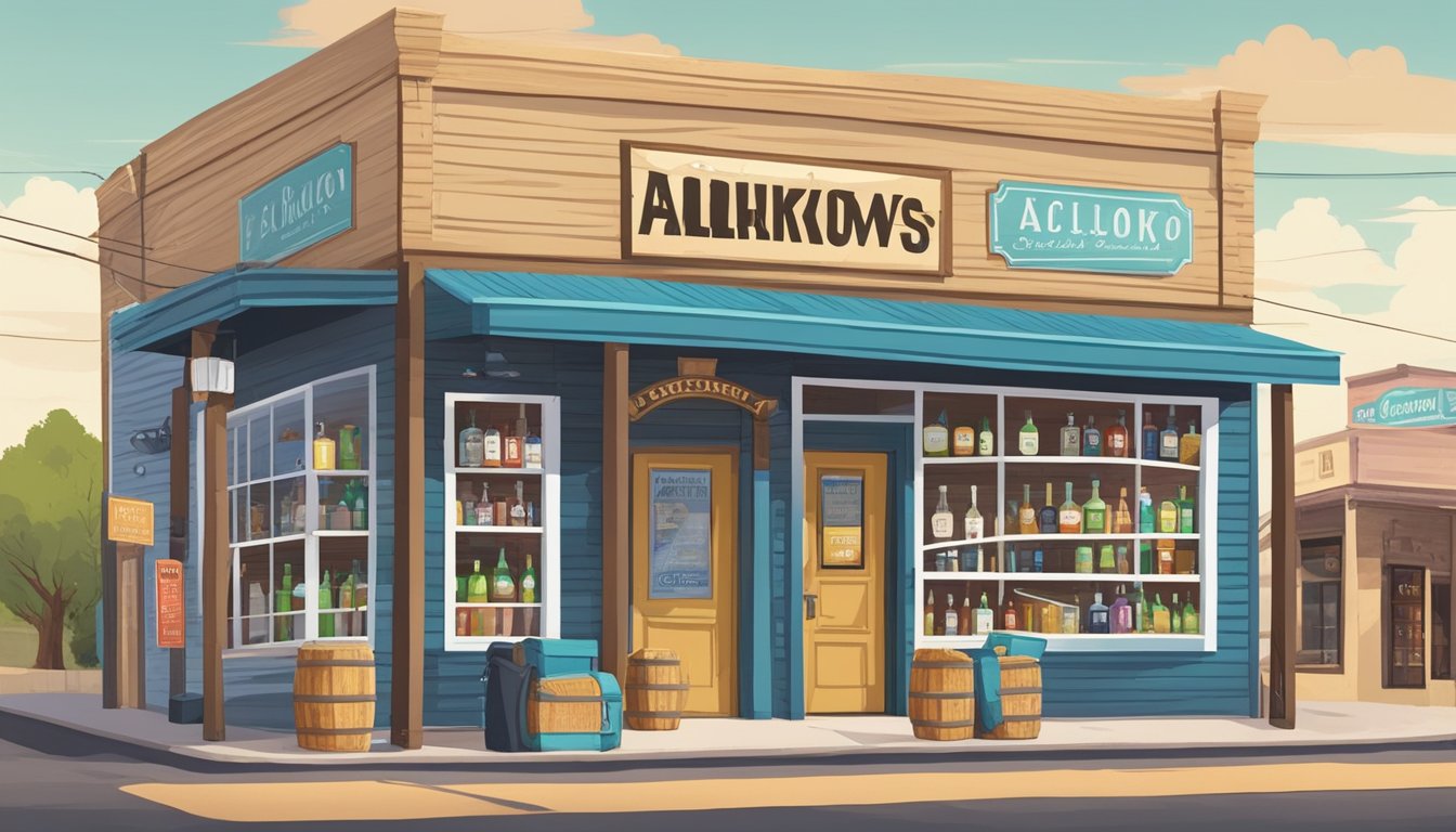 A small town in Culberson County, Texas, with a storefront displaying various alcohol products and a sign indicating local alcohol and drinking laws