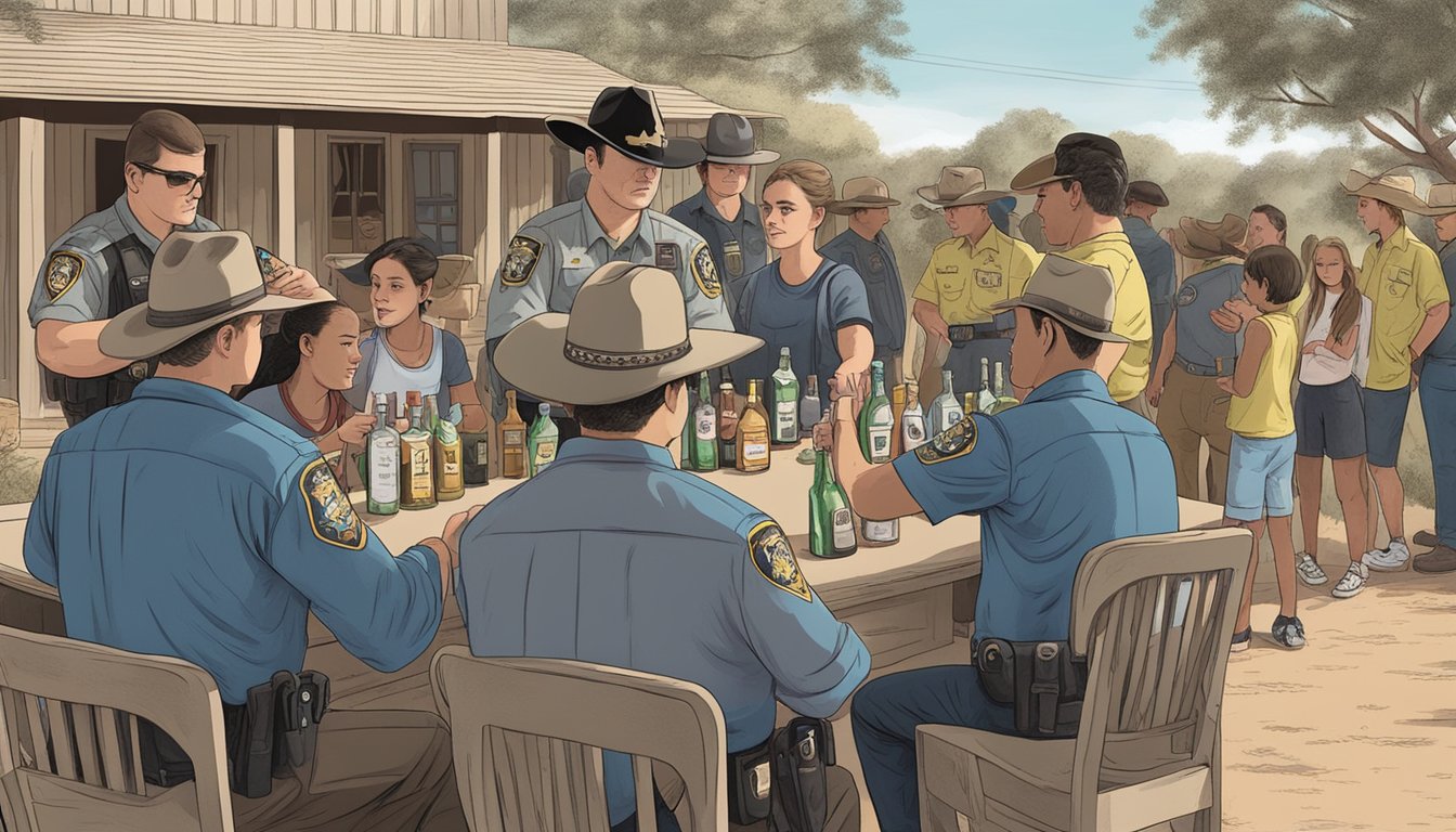 A sheriff's deputy confiscating alcohol from a group of underage individuals at a rural party in Culberson County, Texas