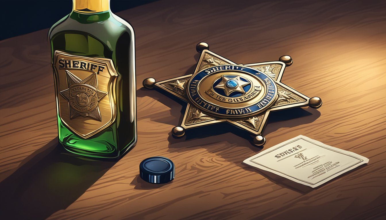 A sheriff's badge and a bottle of alcohol on a table in a dimly lit room