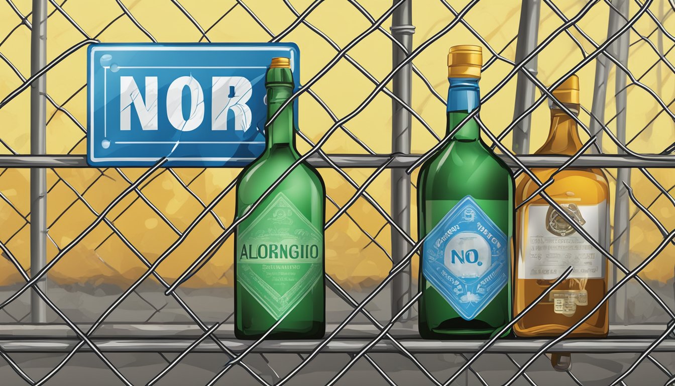 A sign with crossed out alcohol bottles and a warning symbol, surrounded by a fence and a no drinking symbol