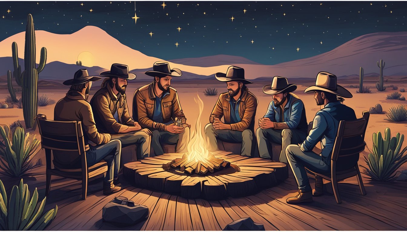 A group of people gathered around a campfire, with a cowboy hat and a bottle of whiskey on a wooden table, surrounded by cacti and a starry sky