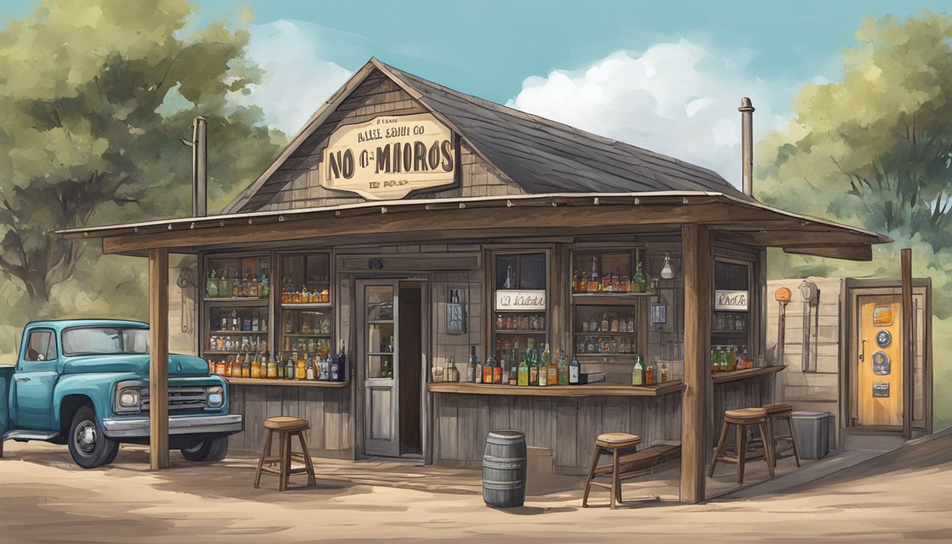 A rustic Texas bar with a "No Alcohol Sales to Minors" sign displayed prominently. Outdoor seating and a lone pickup truck parked out front