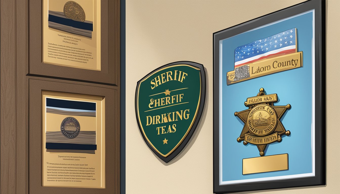 A sheriff's badge hanging on a wall, next to a framed copy of the alcohol and drinking laws in Dewitt County, Texas