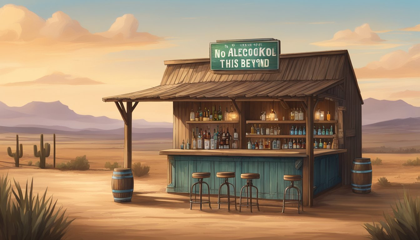 A rustic bar with a "no alcohol beyond this point" sign, surrounded by dry and dusty Texas countryside