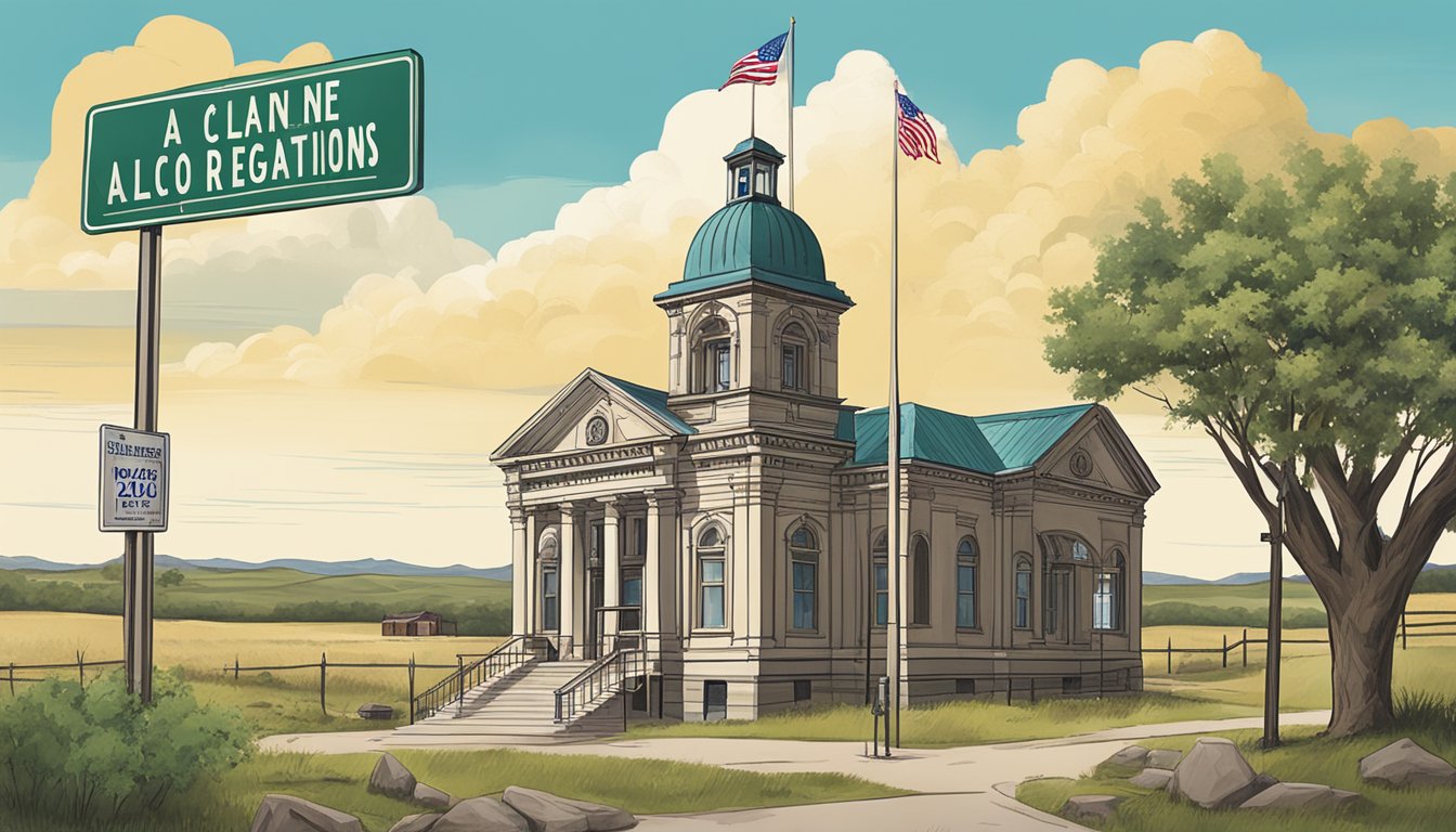 The illustration shows a rural landscape with a sign displaying "Crane County Alcohol Regulations" and a depiction of a county courthouse in the background