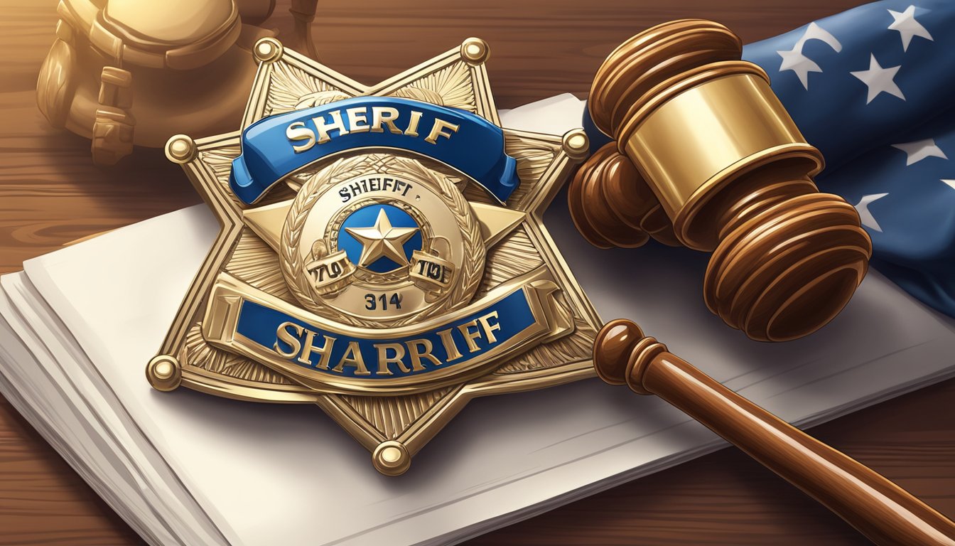 A sheriff's badge and a gavel on a table in a courtroom