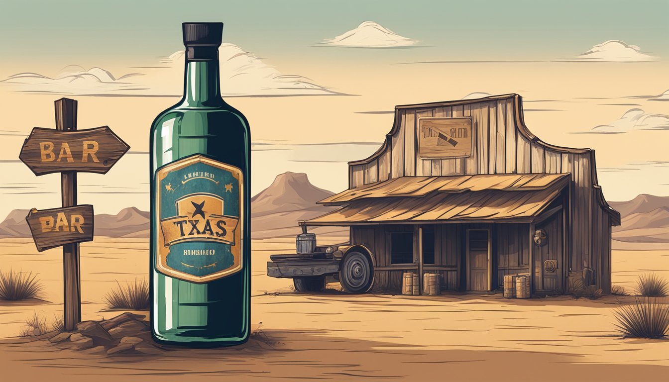 A rustic bar sign with a crossed-out alcohol bottle and a warning symbol, set against a backdrop of a dry, dusty Texas landscape