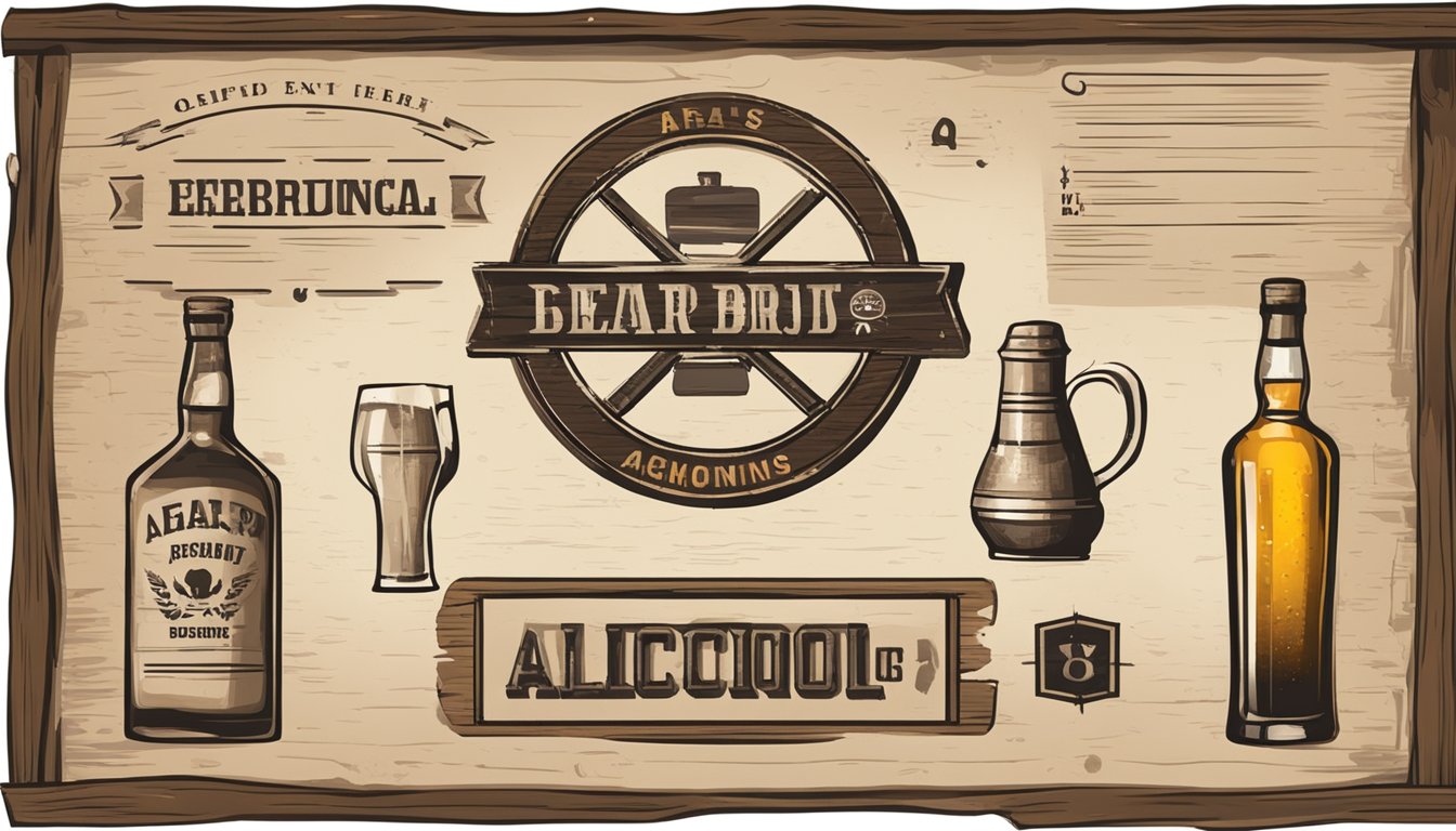 A rustic bar sign with a crossed-out alcohol symbol, surrounded by official documents and permits