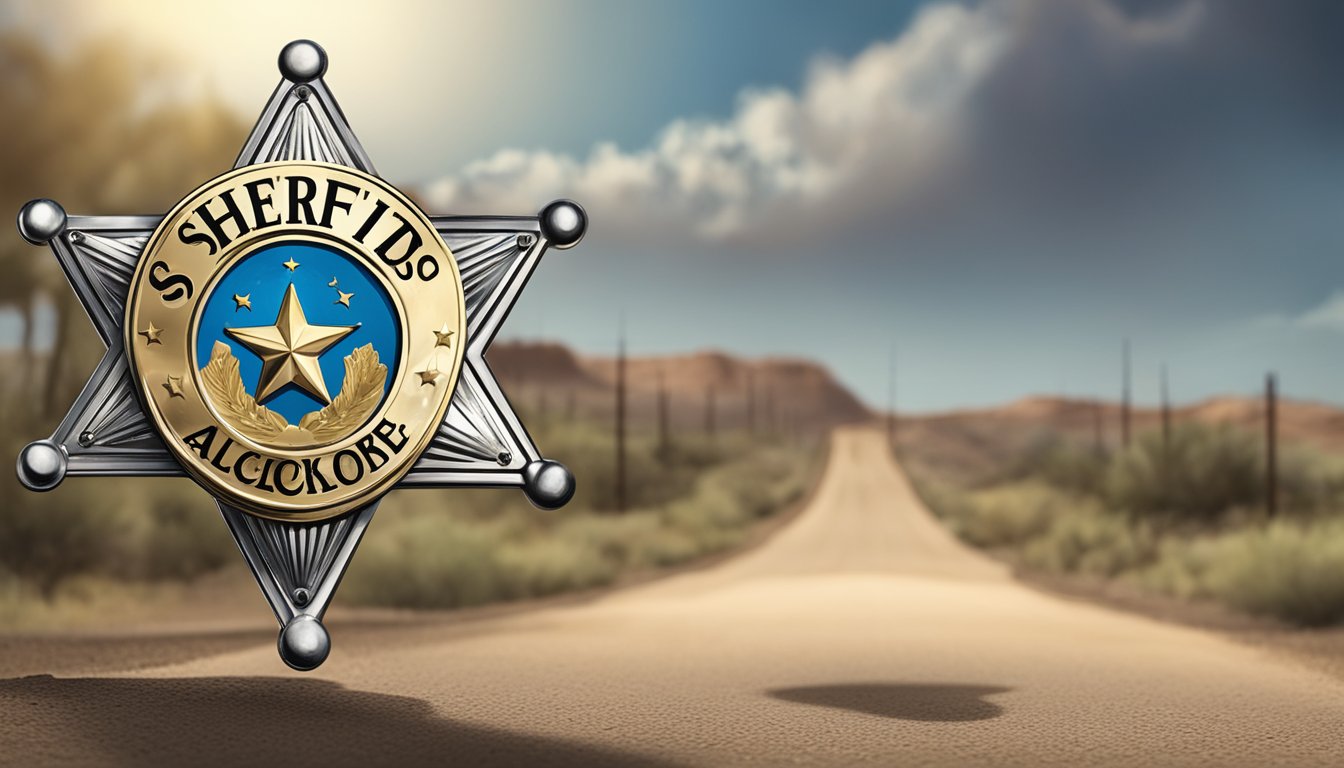 A sheriff's badge on a dusty Texas road, with a "No Alcohol" sign in the background