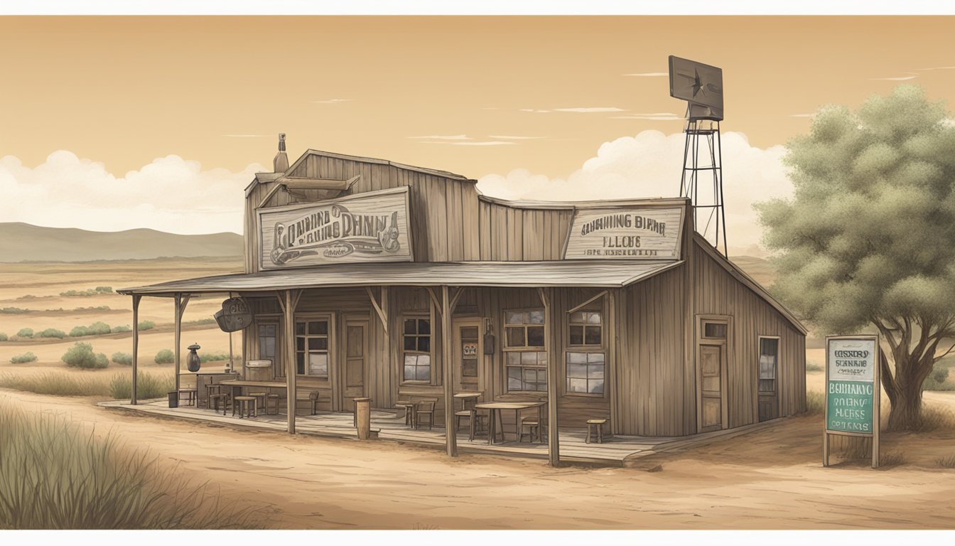 A dusty rural landscape in Edwards County, Texas, with a local bar and a sign indicating alcohol and drinking laws