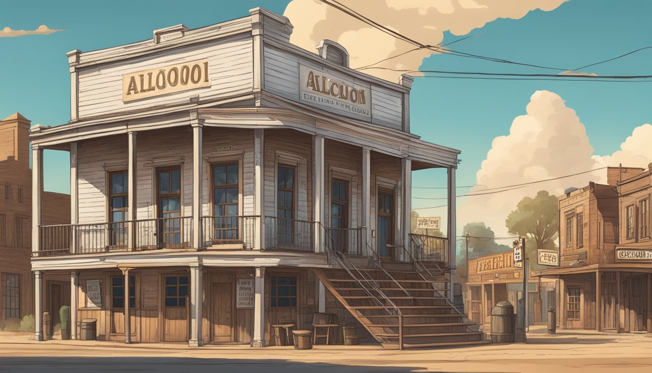 A rustic Texas town with a courthouse, saloon, and signs displaying alcohol regulations