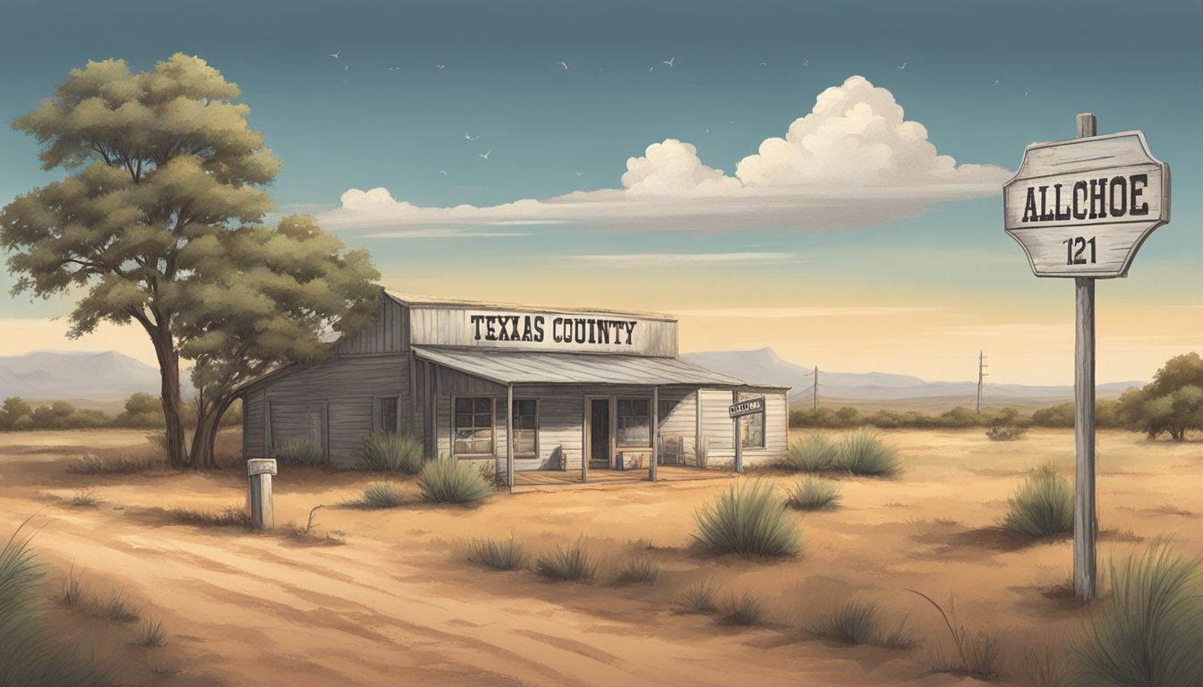 A dusty Texas landscape with a small, weathered sign displaying the Texas Alcoholic Beverage Code for Deaf Smith County