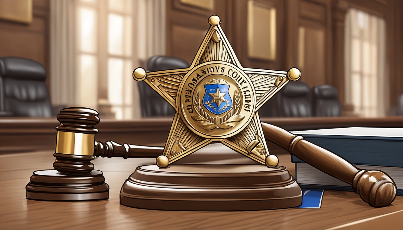 A sheriff's badge and a gavel on a wooden desk in a courthouse