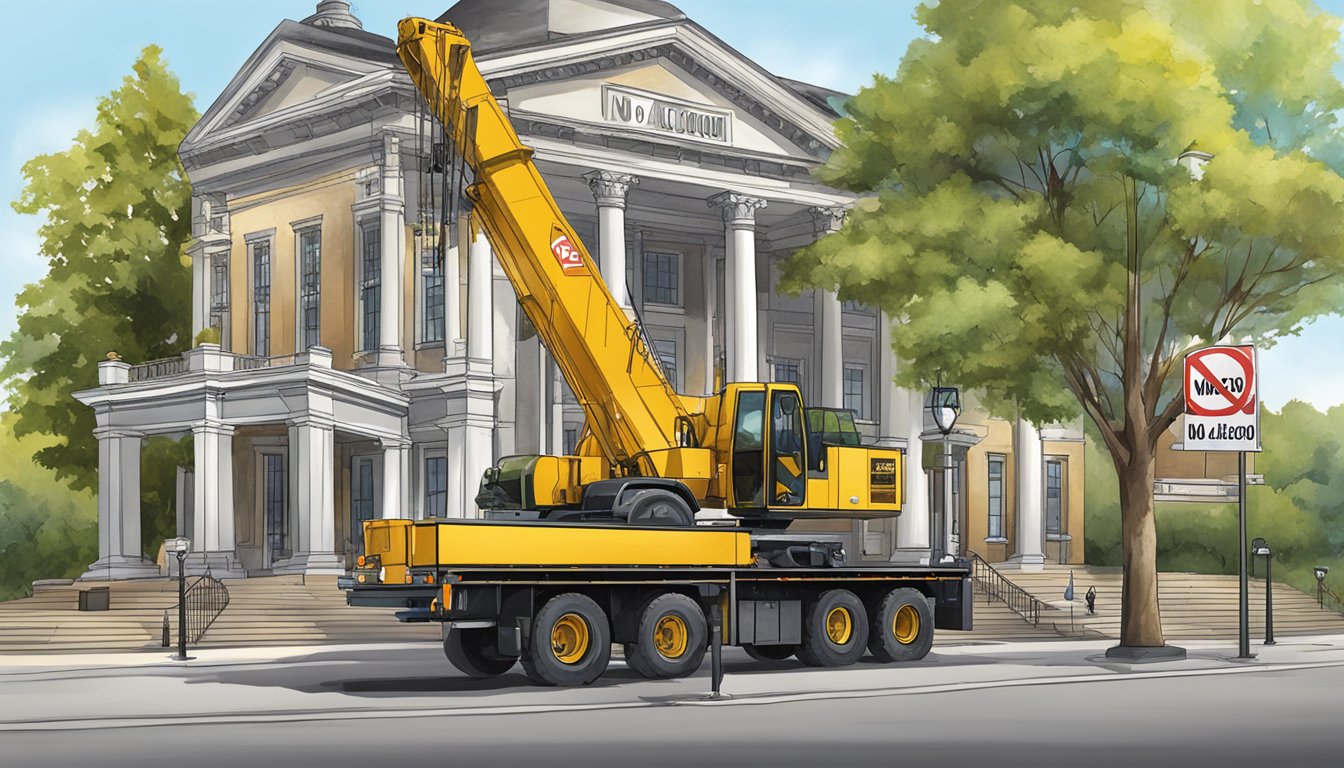 A crane lifting a large "no alcohol" sign in front of a county courthouse