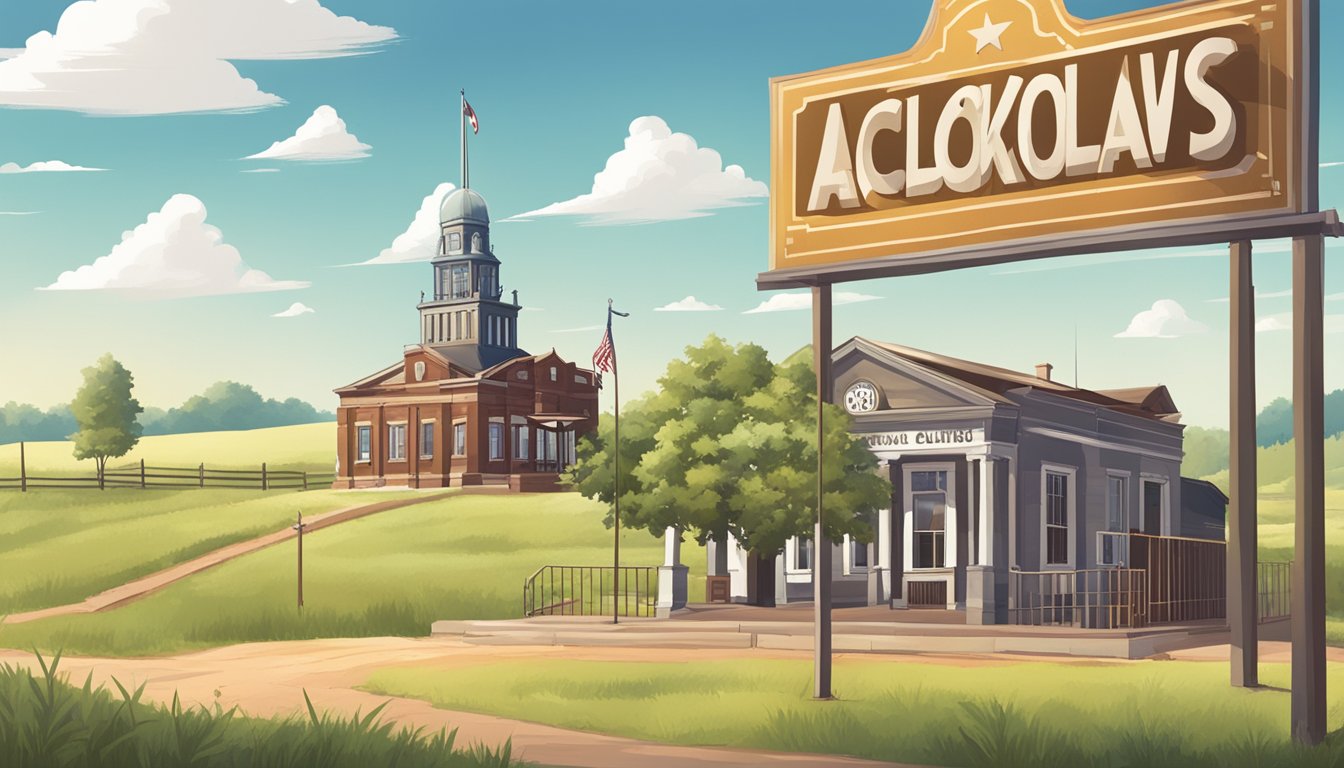 A rural Texas landscape with a small town, a county courthouse, and a sign displaying alcohol laws