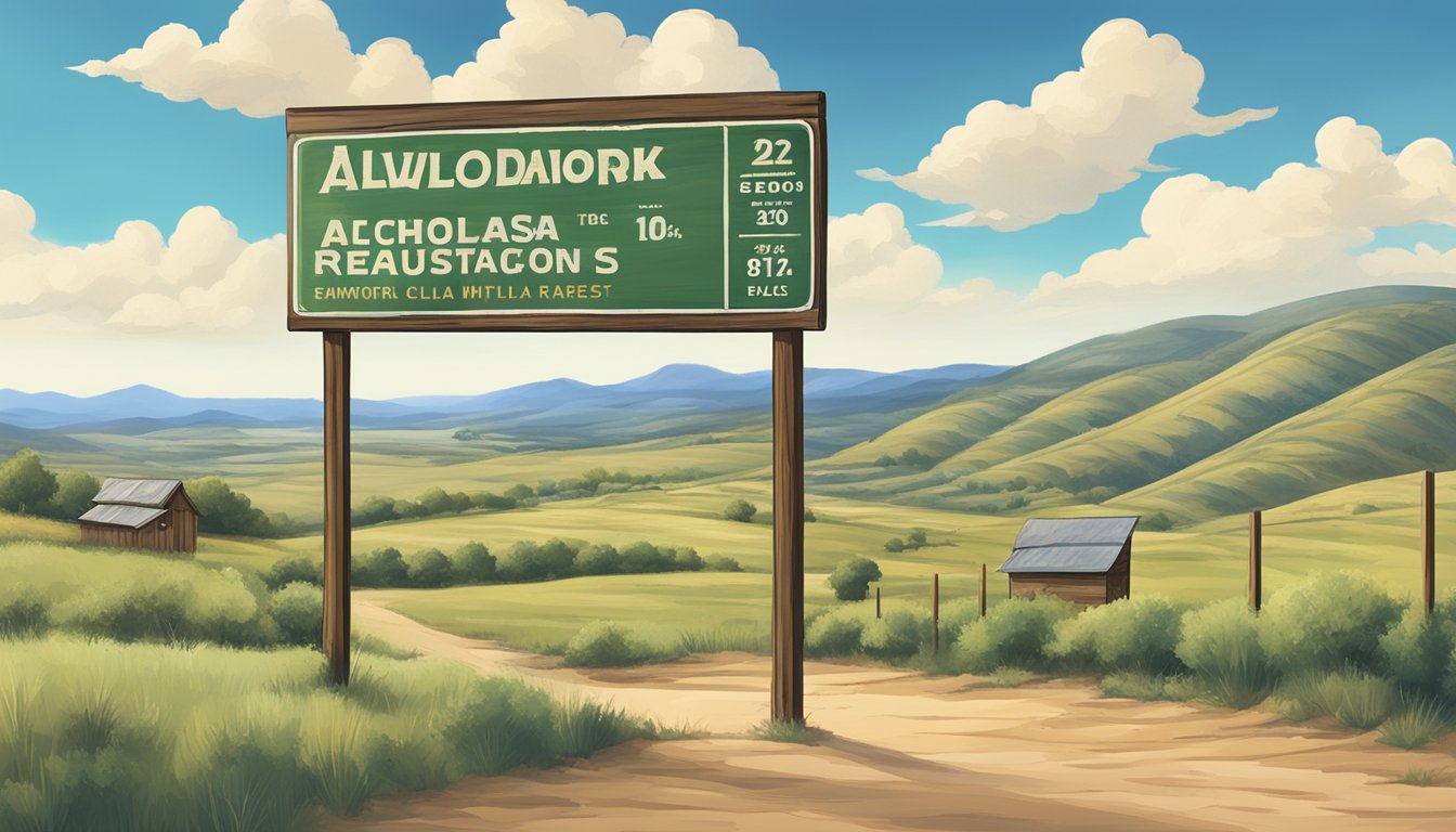 A rustic sign displaying alcohol regulations in Edwards County, Texas, surrounded by rolling hills and a clear blue sky