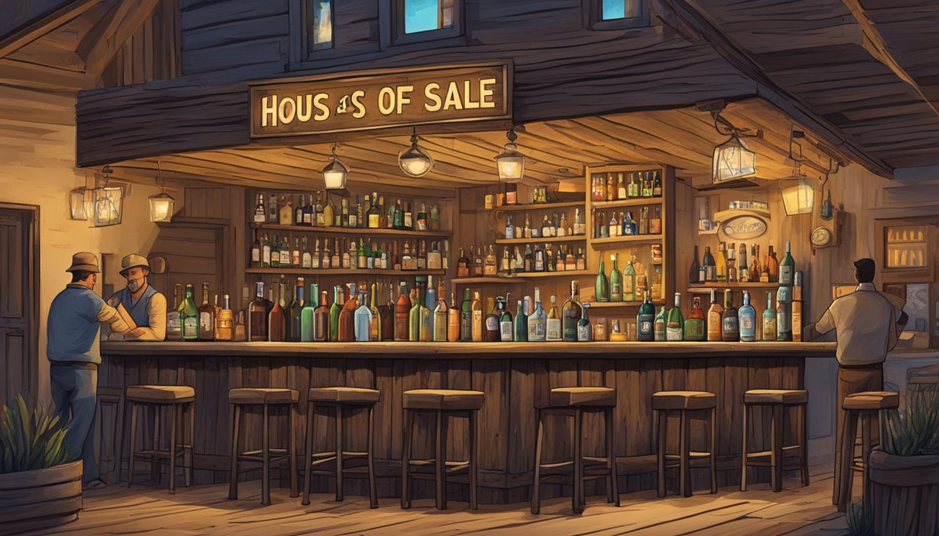 A rustic Texas bar with a "Hours of Sale and Consumption" sign displayed prominently. Bottles of alcohol and patrons drinking at tables