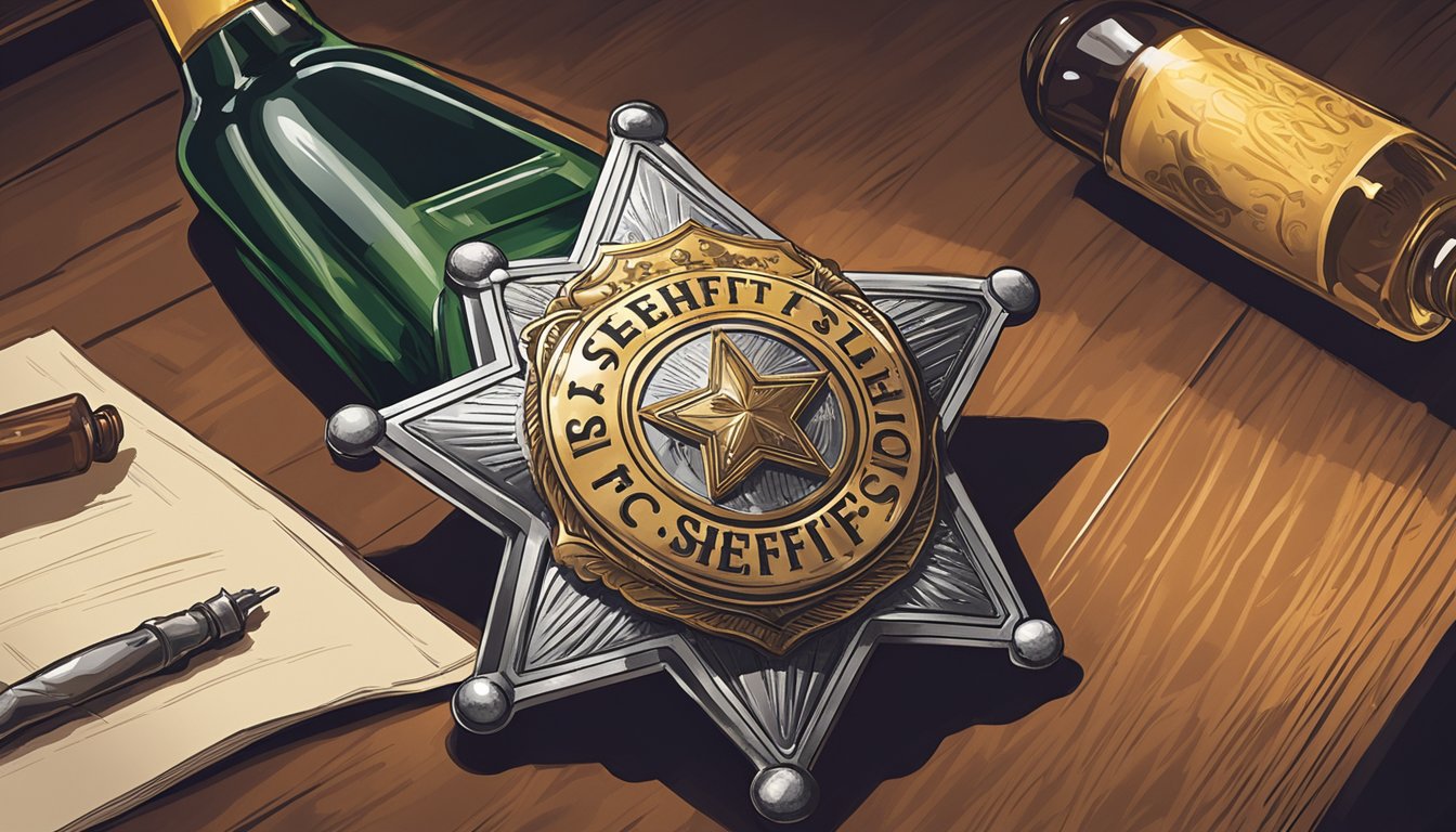 A sheriff's badge and a bottle of alcohol sit on a table in a dimly lit county office