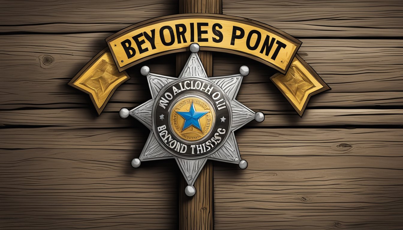 A sheriff's badge pinned to a weathered wooden post with a "No Alcohol Beyond This Point" sign