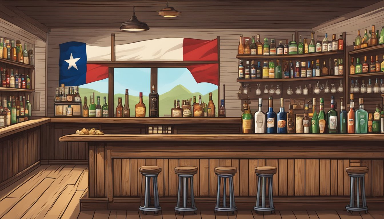 A rustic bar with Texas flag decor, bottles of alcohol on shelves, and a bartender serving drinks to patrons