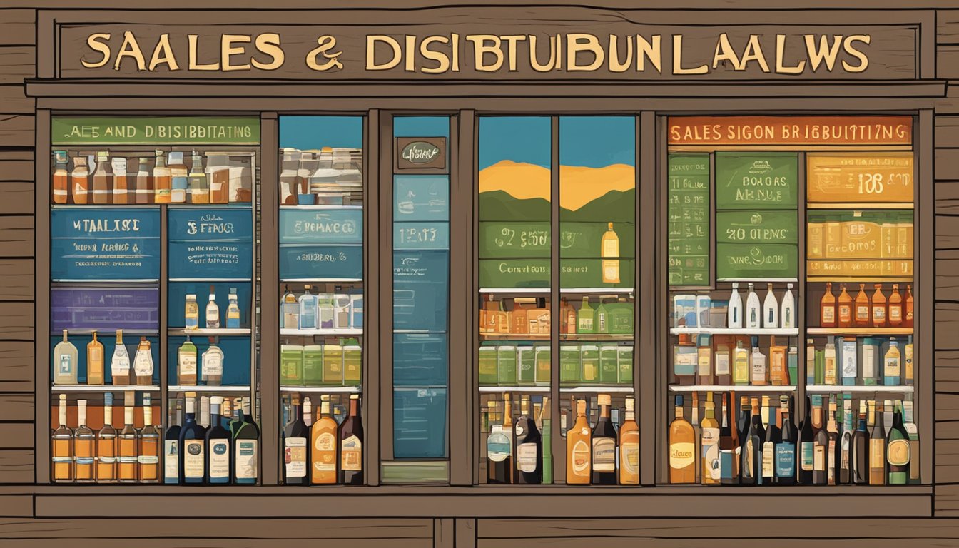 A rustic sign displaying "Sales and Distribution Regulations" in Cooke County, Texas, with images of alcohol and drinking laws