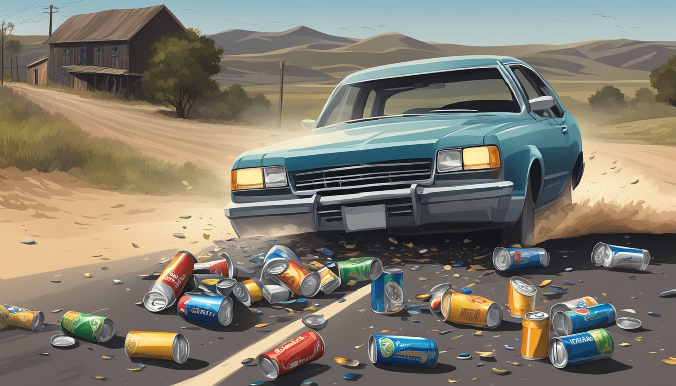 A car swerves on a dark, rural road in Dallam County, Texas. Empty beer cans litter the floor and the driver's breath reeks of alcohol