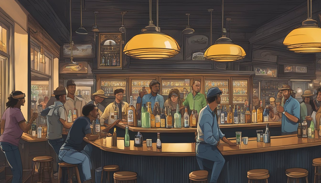 A bustling bar scene in Duval County, Texas, with various alcoholic beverages being served and enjoyed by patrons