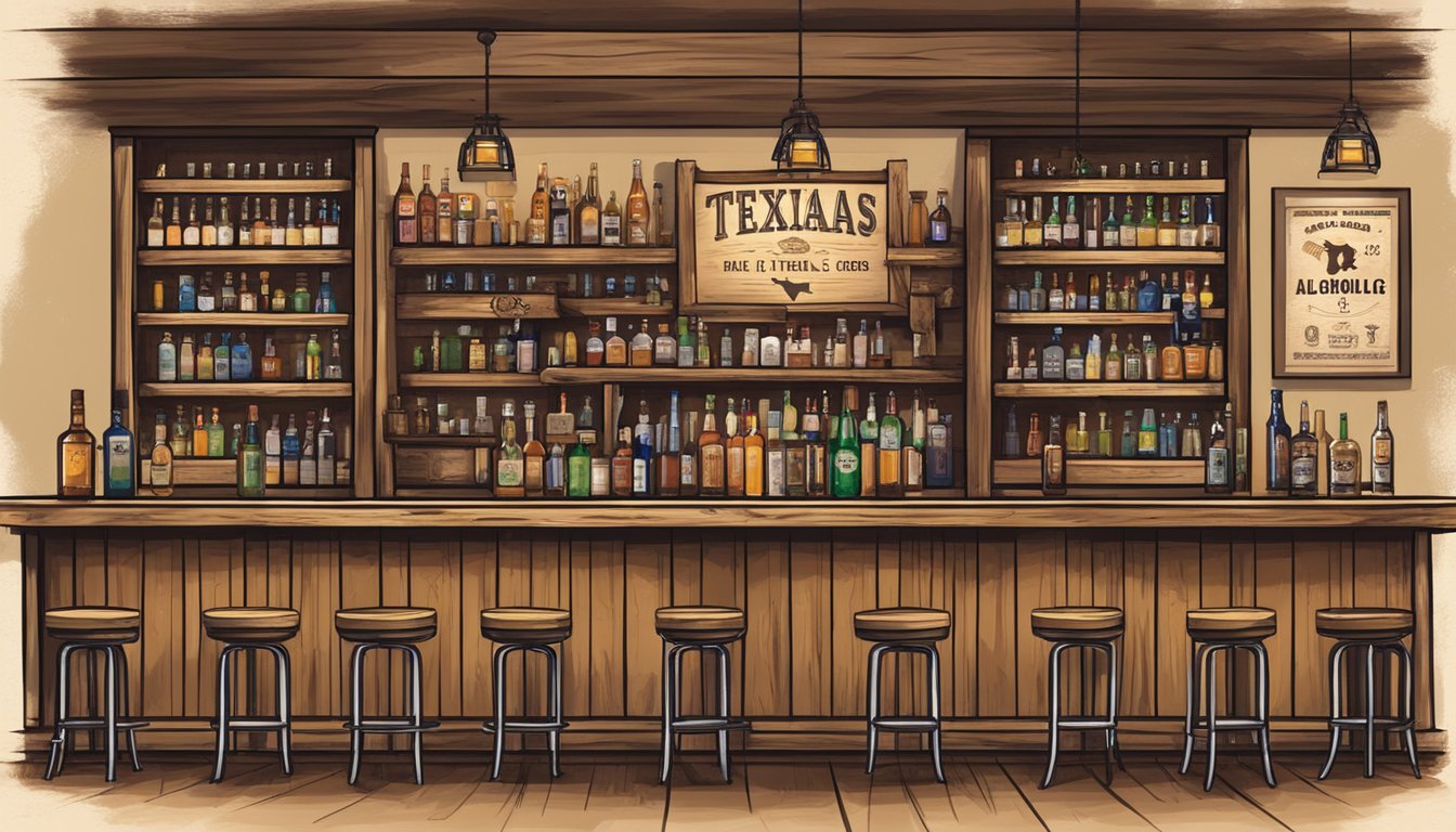 A rustic bar with Texas-themed decor, shelves stocked with various alcoholic beverages, and a sign displaying the Texas Alcoholic Beverage Code