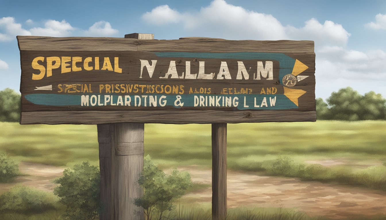 A rustic signpost in a rural setting, with a weathered wooden board displaying "Special Provisions and Exceptions Dallam County, Texas Alcohol and Drinking Laws."