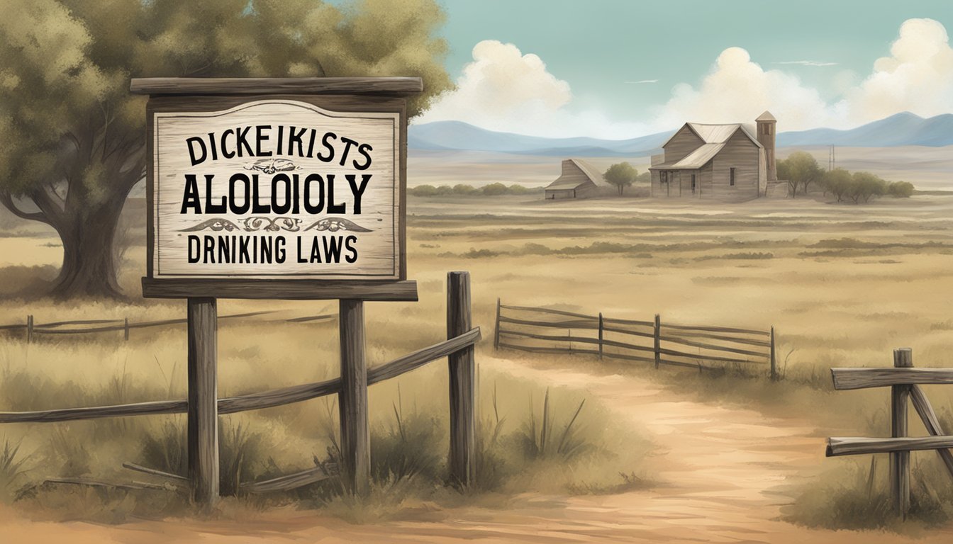 A dusty, rural landscape with a weathered sign displaying "Dickens County, Texas Alcohol and Drinking Laws" in the background