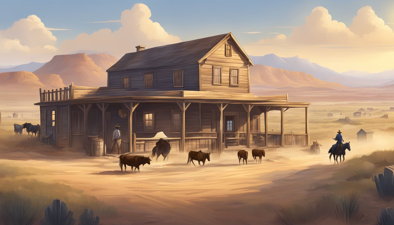 A dusty western town with a saloon and a sheriff's office, surrounded by vast open plains and cattle ranches