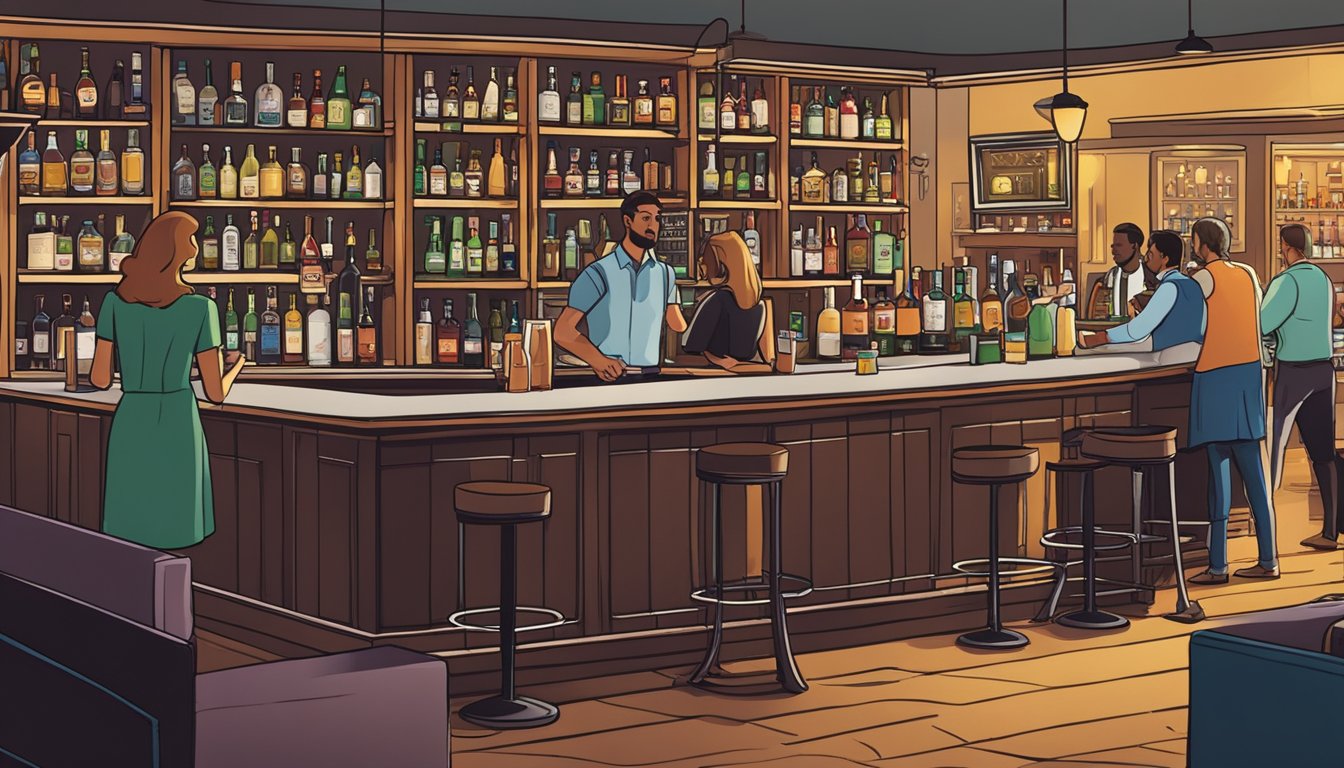 A bustling bar scene with patrons enjoying drinks, a bartender serving up cocktails, and shelves stocked with various alcoholic beverages