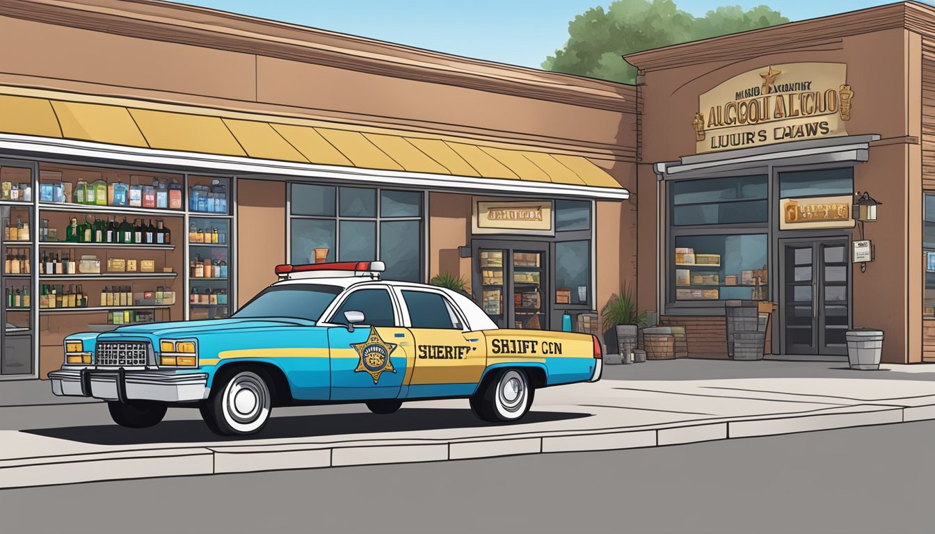 A sheriff car parked outside a liquor store, with a sign displaying the county's alcohol laws