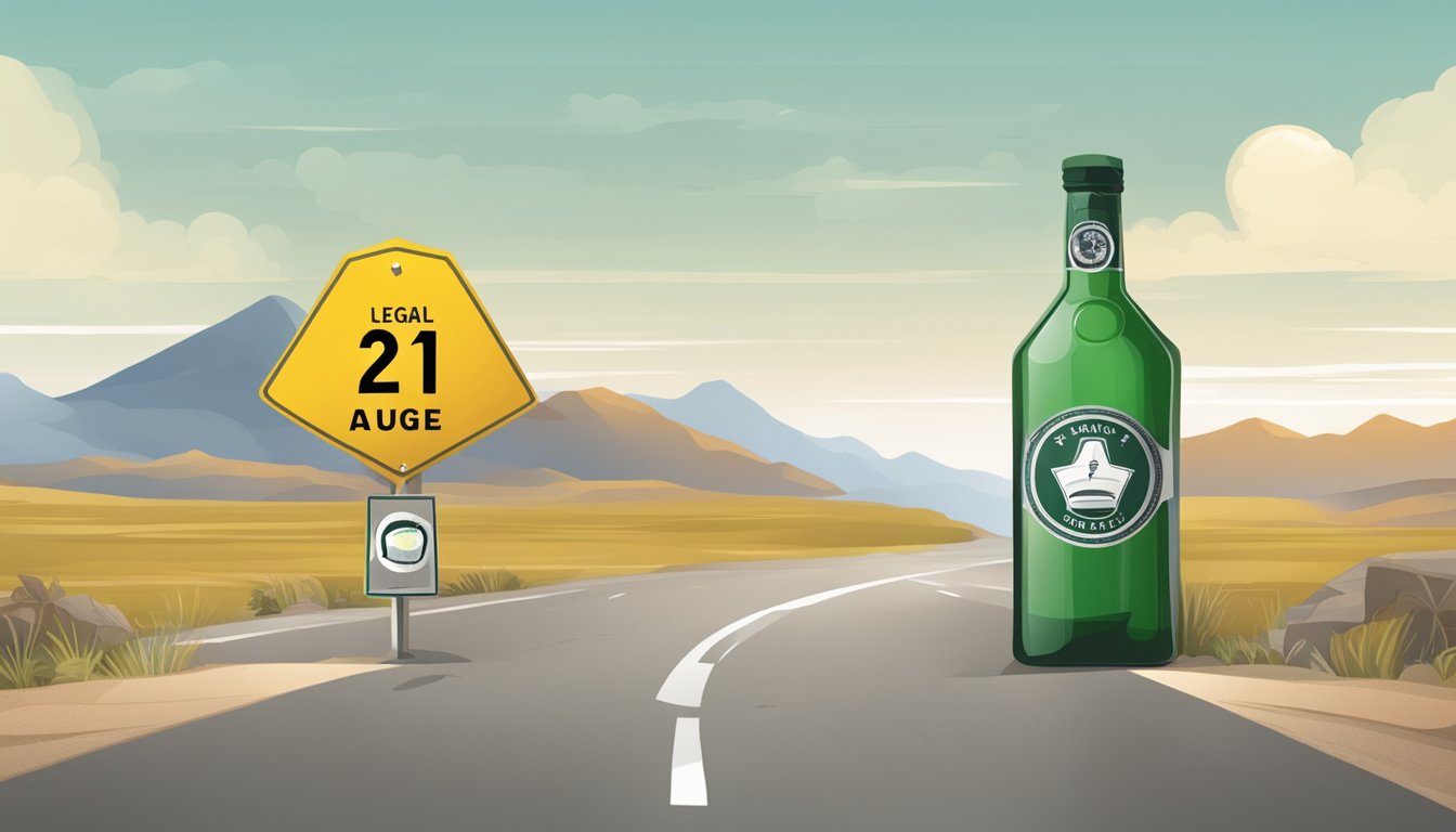 A dusty road sign displaying "Legal Drinking Age 21" with a bottle of alcohol and a crossed-out glass symbol underneath